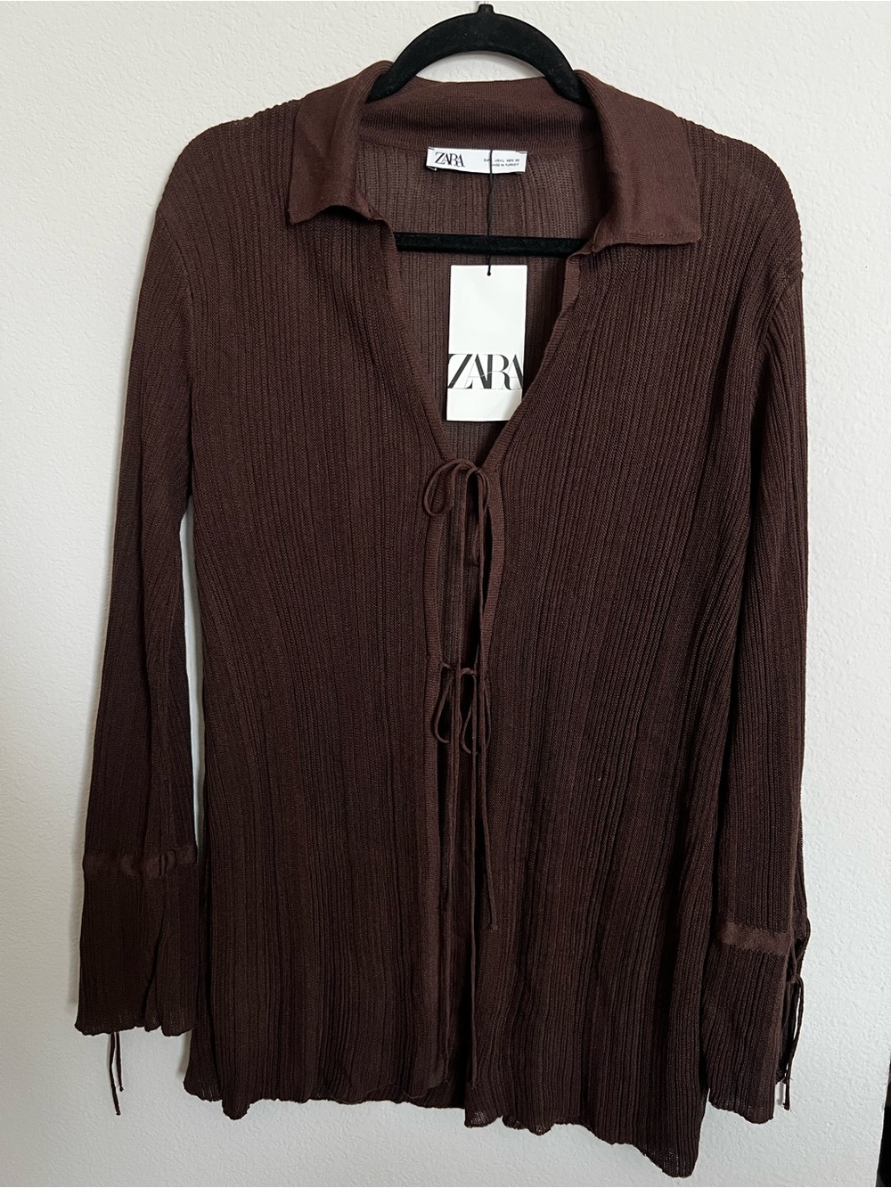 Zara Chocolate Brown Ribbed Tie-Front Cardigan